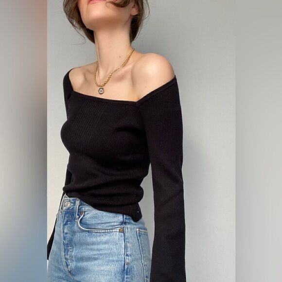 Frame NWT Silk Blend Bell Sleeve Square Neck Rib Knit Fitted Black S MSRP $278 - Picture 4 of 8